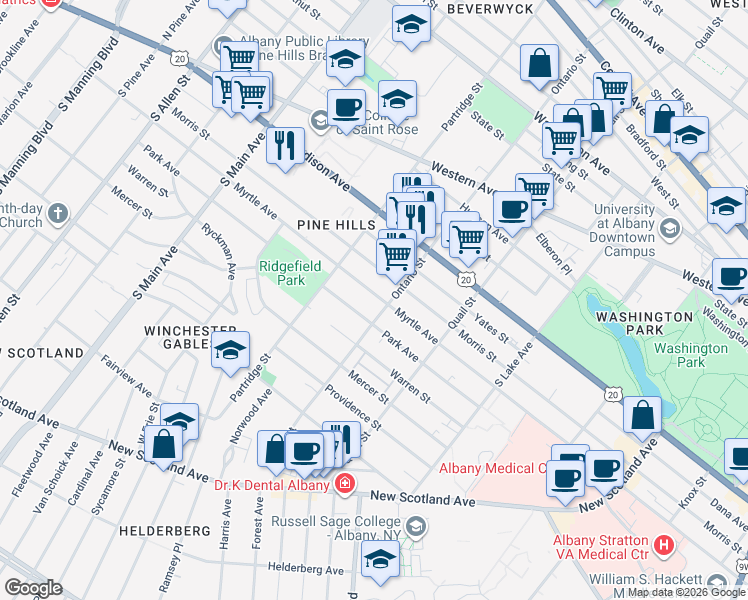 map of restaurants, bars, coffee shops, grocery stores, and more near 351 Ontario Street in Albany
