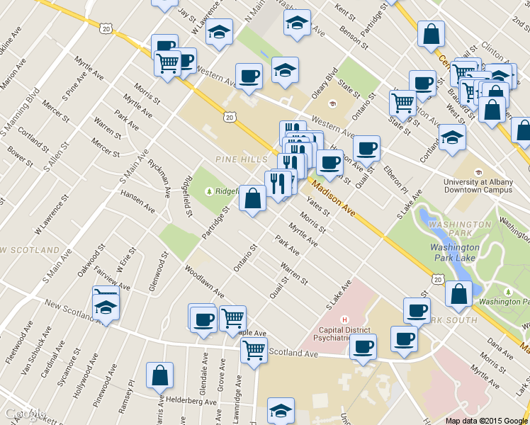 map of restaurants, bars, coffee shops, grocery stores, and more near 351 Ontario Street in Albany