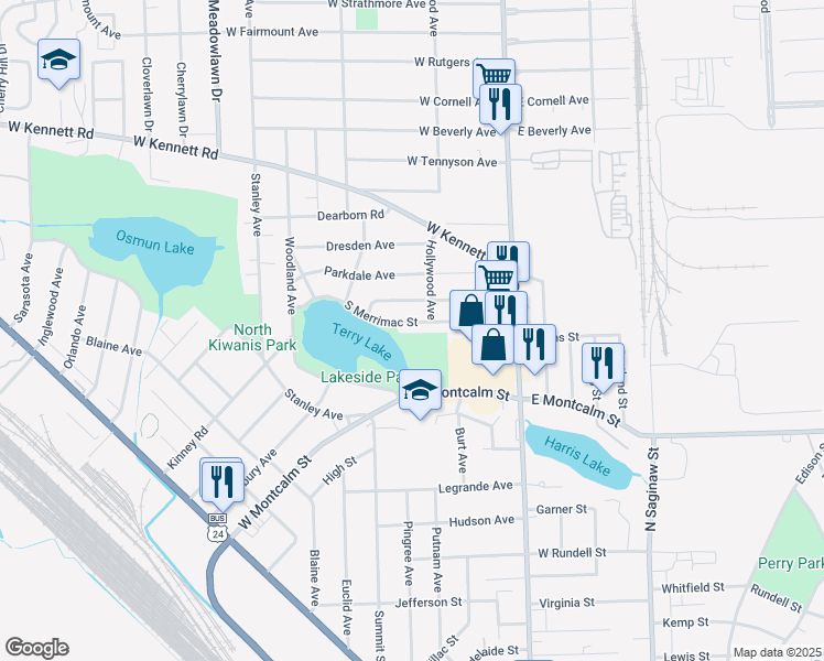 map of restaurants, bars, coffee shops, grocery stores, and more near 109 South Merrimac Street in Pontiac
