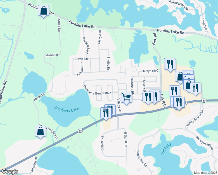 map of restaurants, bars, coffee shops, grocery stores, and more near 73 Cranberry Beach Boulevard in White Lake charter Township