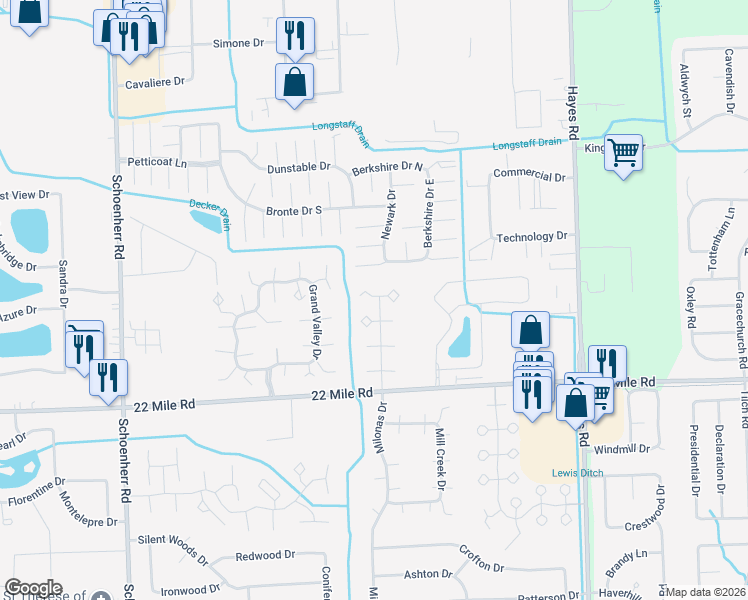 map of restaurants, bars, coffee shops, grocery stores, and more near 49690 Ellis Court in Macomb County
