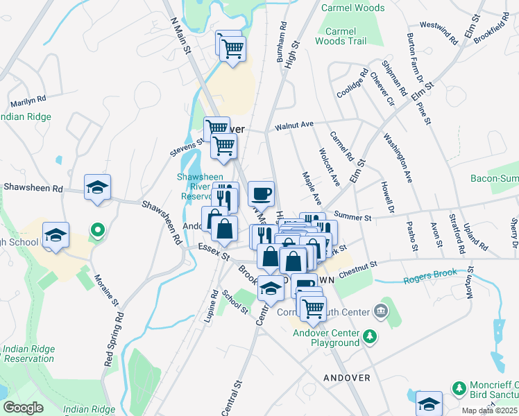 map of restaurants, bars, coffee shops, grocery stores, and more near 59 North Main Street in Andover