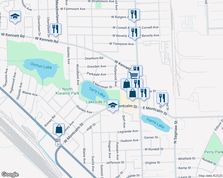 map of restaurants, bars, coffee shops, grocery stores, and more near 105 South Merrimac Street in Pontiac