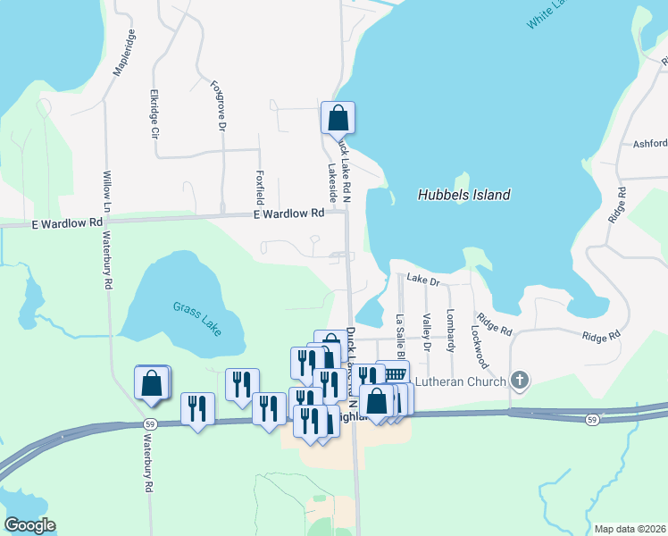 map of restaurants, bars, coffee shops, grocery stores, and more near 2049 Duck Lake Road North in Highland Charter Township