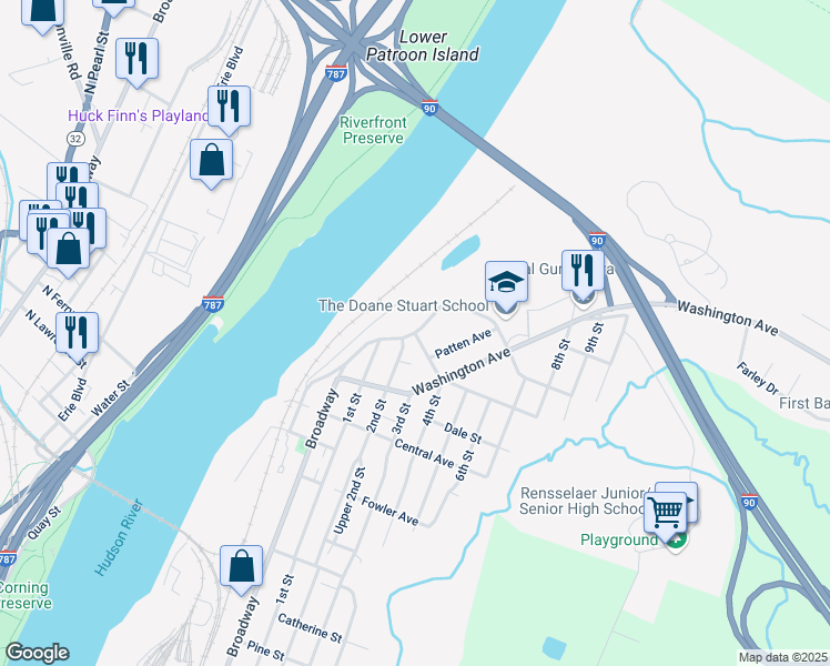map of restaurants, bars, coffee shops, grocery stores, and more near 401 Forbes Avenue in Rensselaer