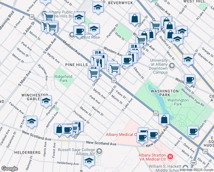 map of restaurants, bars, coffee shops, grocery stores, and more near 440 Morris Street in Albany