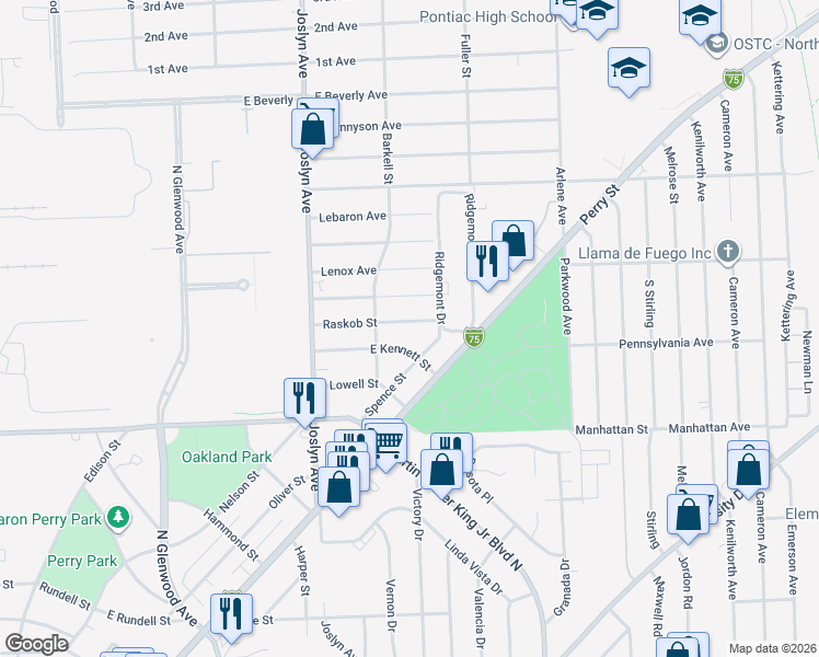map of restaurants, bars, coffee shops, grocery stores, and more near 960 Spence Street in Pontiac