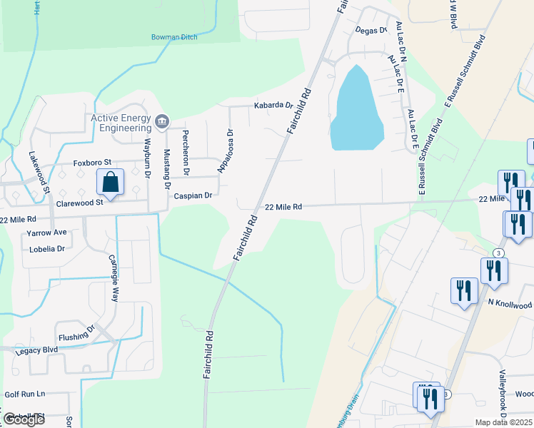 map of restaurants, bars, coffee shops, grocery stores, and more near 48300 Fairchild Road in Macomb