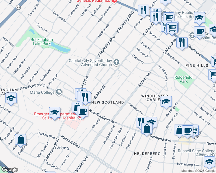 map of restaurants, bars, coffee shops, grocery stores, and more near 241 South Allen Street in Albany