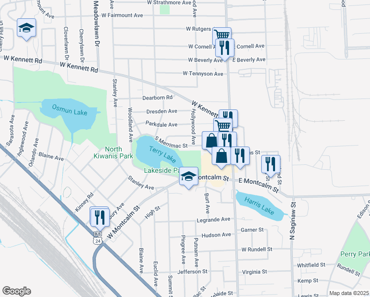 map of restaurants, bars, coffee shops, grocery stores, and more near 109 South Merrimac Street in Pontiac