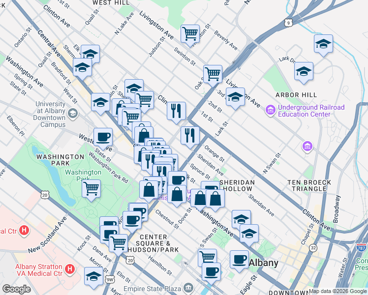 map of restaurants, bars, coffee shops, grocery stores, and more near 234 Spruce Street in Albany