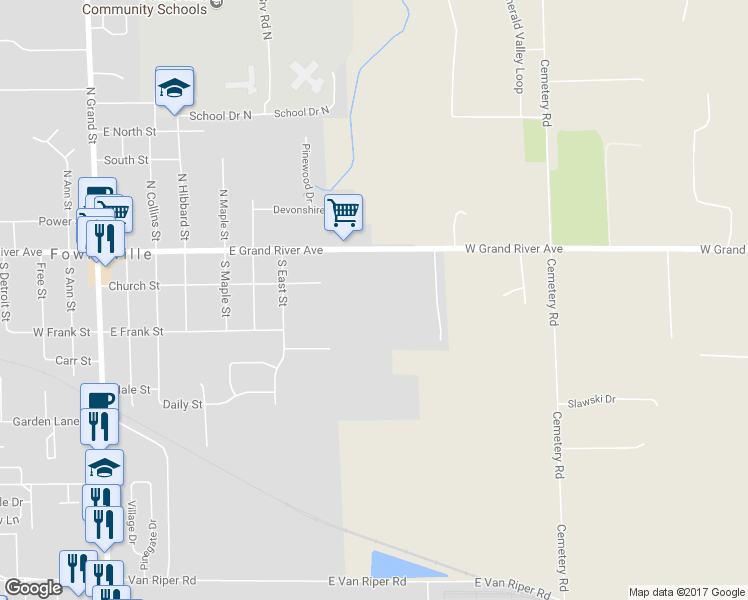 map of restaurants, bars, coffee shops, grocery stores, and more near 830 East Grand River Avenue in Fowlerville