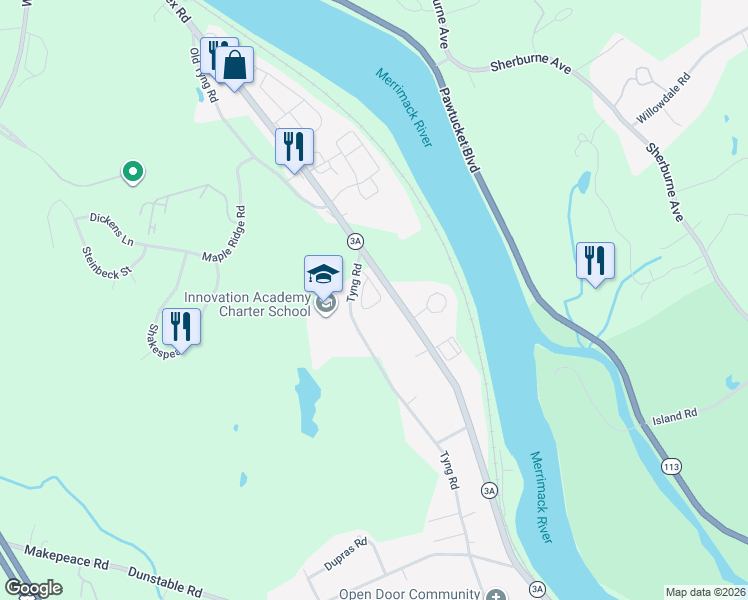 map of restaurants, bars, coffee shops, grocery stores, and more near 61 Tyng Road in Tyngsborough
