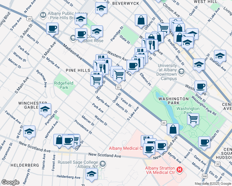 map of restaurants, bars, coffee shops, grocery stores, and more near 441 Yates Street in Albany