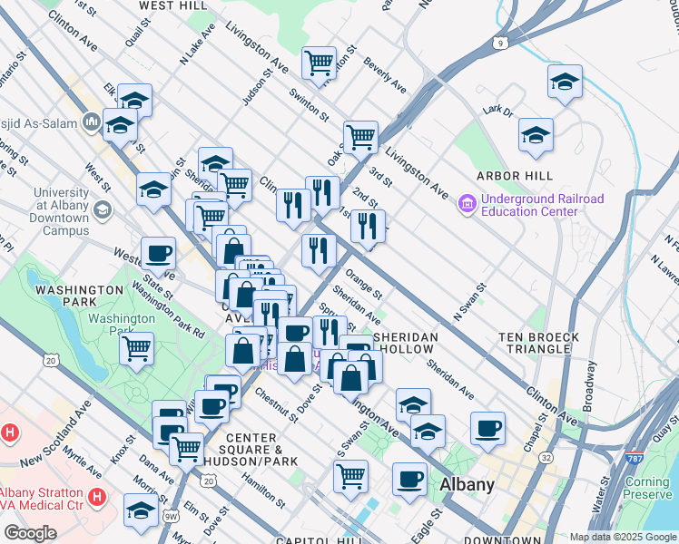 map of restaurants, bars, coffee shops, grocery stores, and more near 256 Sheridan Avenue in Albany