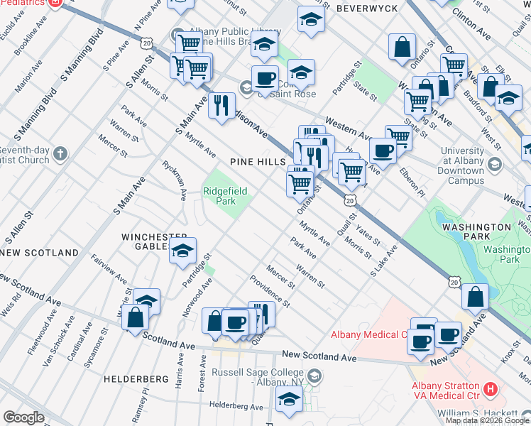 map of restaurants, bars, coffee shops, grocery stores, and more near 677 Park Avenue in Albany