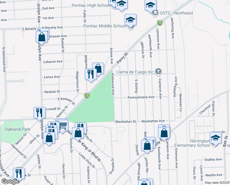 map of restaurants, bars, coffee shops, grocery stores, and more near 740 Parkwood Avenue in Pontiac