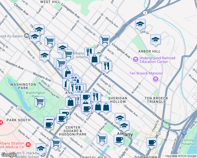 map of restaurants, bars, coffee shops, grocery stores, and more near 256 Sheridan Avenue in Albany