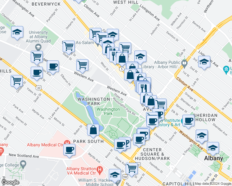 map of restaurants, bars, coffee shops, grocery stores, and more near 491 State Street in Albany