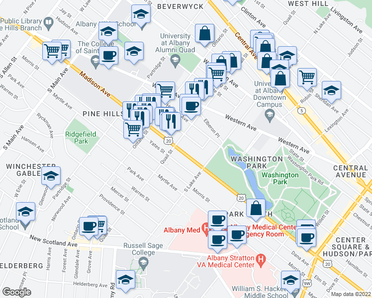 map of restaurants, bars, coffee shops, grocery stores, and more near 748 Madison Avenue in Albany