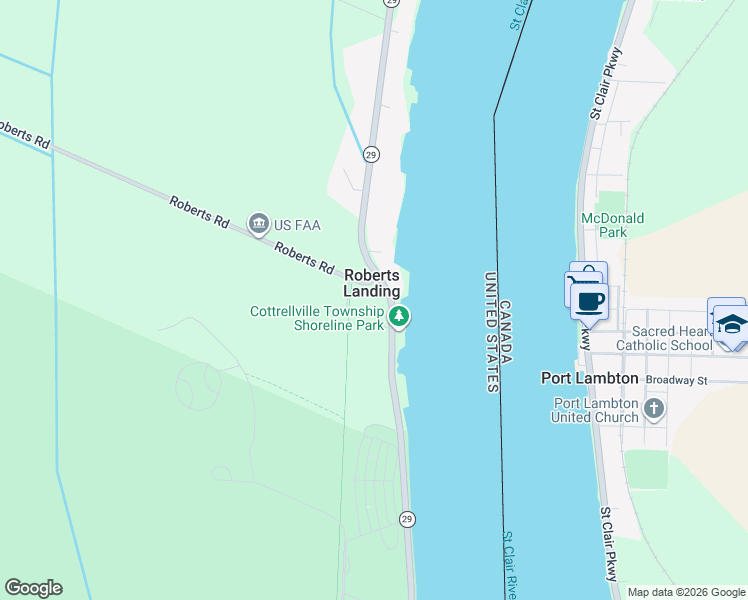 map of restaurants, bars, coffee shops, grocery stores, and more near 8548 River Road in Marine City