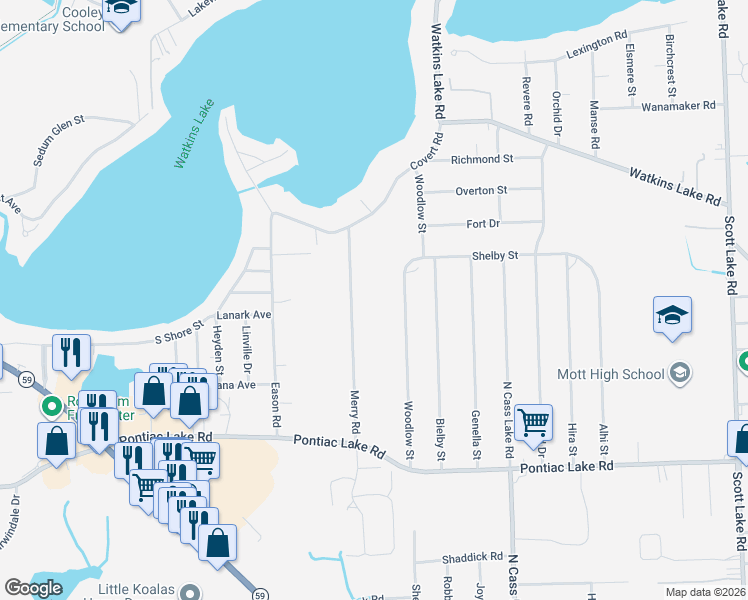map of restaurants, bars, coffee shops, grocery stores, and more near 1390 Merry Road in Waterford Township
