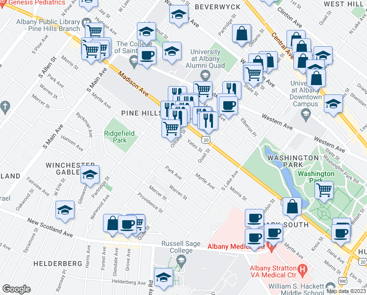 map of restaurants, bars, coffee shops, grocery stores, and more near 463 Morris Street in Albany