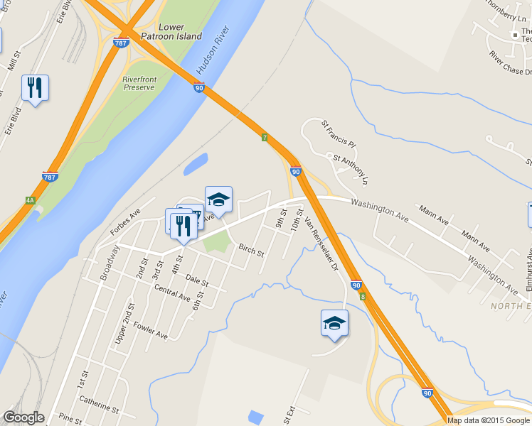 map of restaurants, bars, coffee shops, grocery stores, and more near 2032 8th Street in Rensselaer