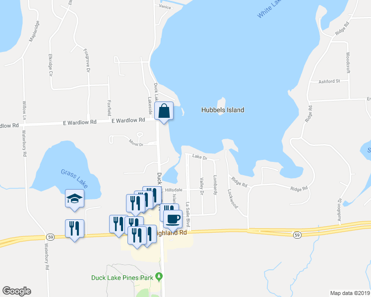map of restaurants, bars, coffee shops, grocery stores, and more near 3083 Lake Drive in Highland Charter Township