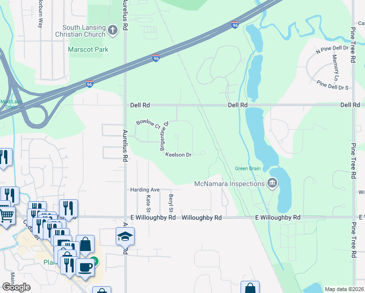 map of restaurants, bars, coffee shops, grocery stores, and more near 2685 Cutter Court in Lansing
