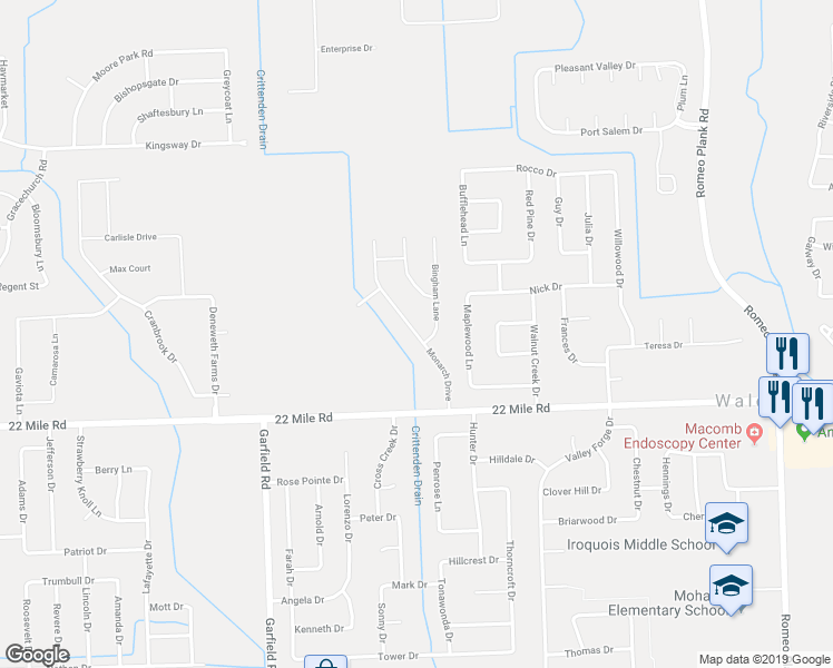map of restaurants, bars, coffee shops, grocery stores, and more near Monarch Drive in Macomb