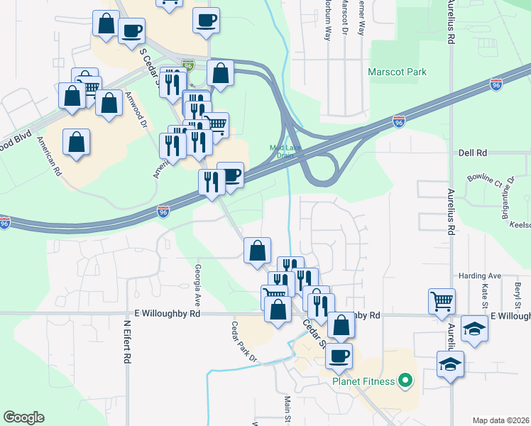 map of restaurants, bars, coffee shops, grocery stores, and more near 1200 Roth Drive in Lansing