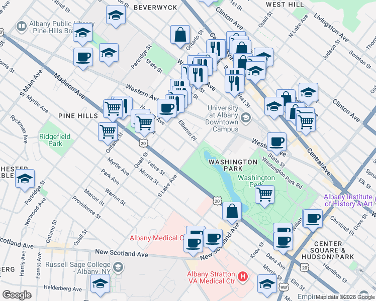 map of restaurants, bars, coffee shops, grocery stores, and more near 3 Elberon Place in Albany