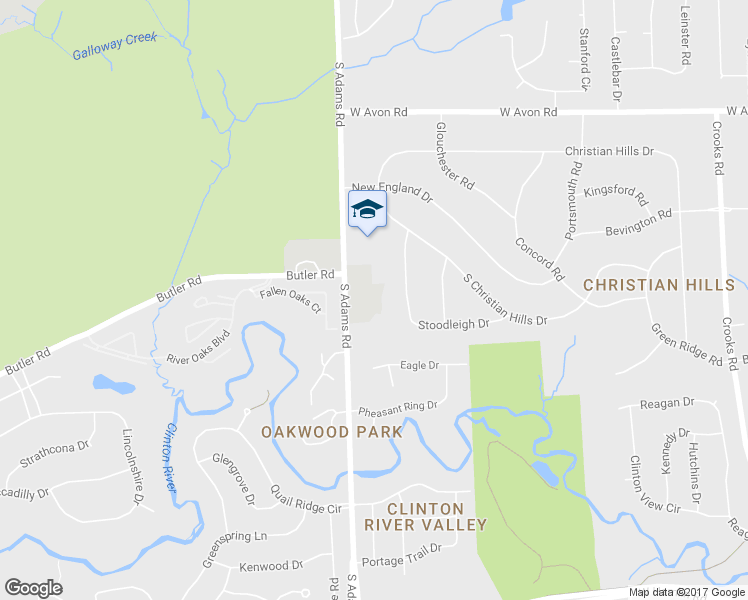 map of restaurants, bars, coffee shops, grocery stores, and more near 1385 South Adams Road in Rochester Hills