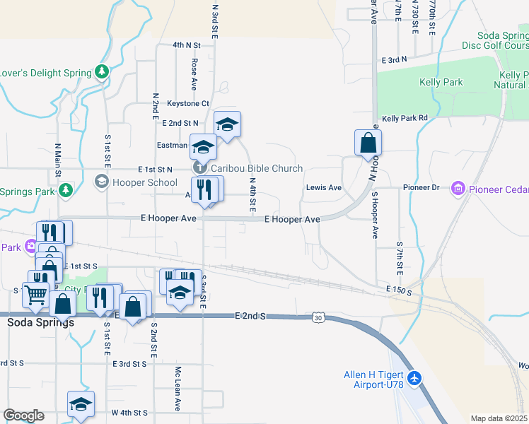 map of restaurants, bars, coffee shops, grocery stores, and more near 431 East Hooper Avenue in Soda Springs