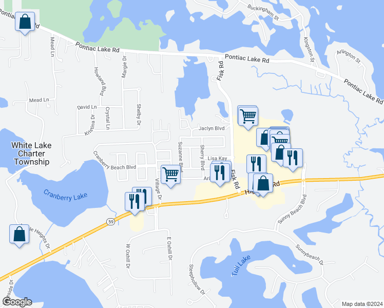 map of restaurants, bars, coffee shops, grocery stores, and more near 193 Patricia Boulevard in White Lake charter Township