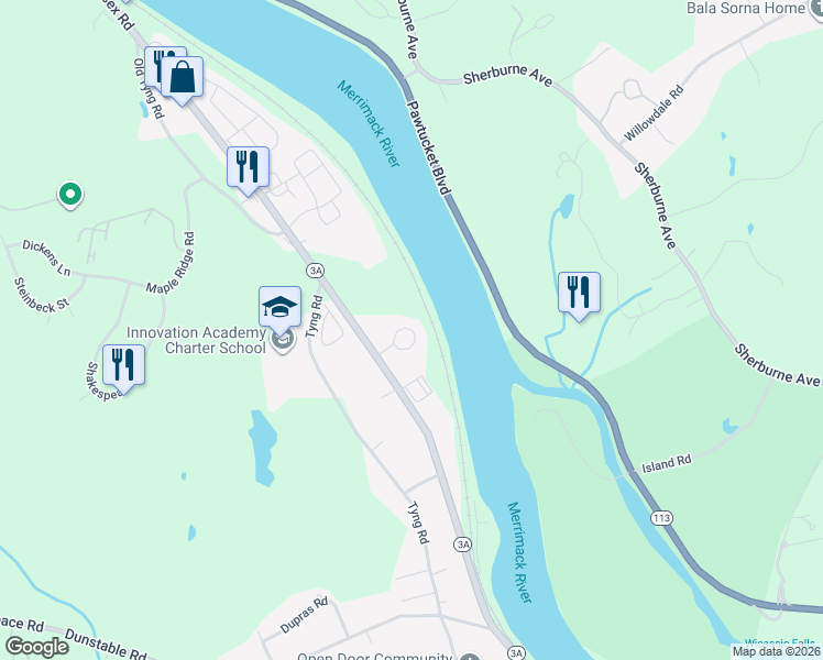 map of restaurants, bars, coffee shops, grocery stores, and more near 5 Bridgeview Circle in Tyngsborough