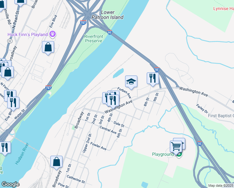 map of restaurants, bars, coffee shops, grocery stores, and more near 401 Forbes Avenue in Rensselaer