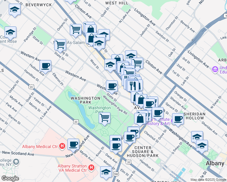 map of restaurants, bars, coffee shops, grocery stores, and more near 323 Washington Avenue in Albany