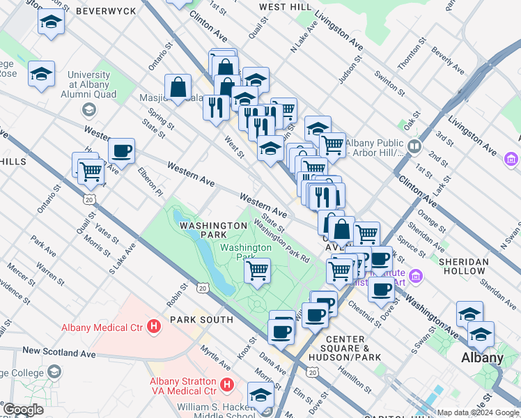 map of restaurants, bars, coffee shops, grocery stores, and more near 930a Robin Street in Albany