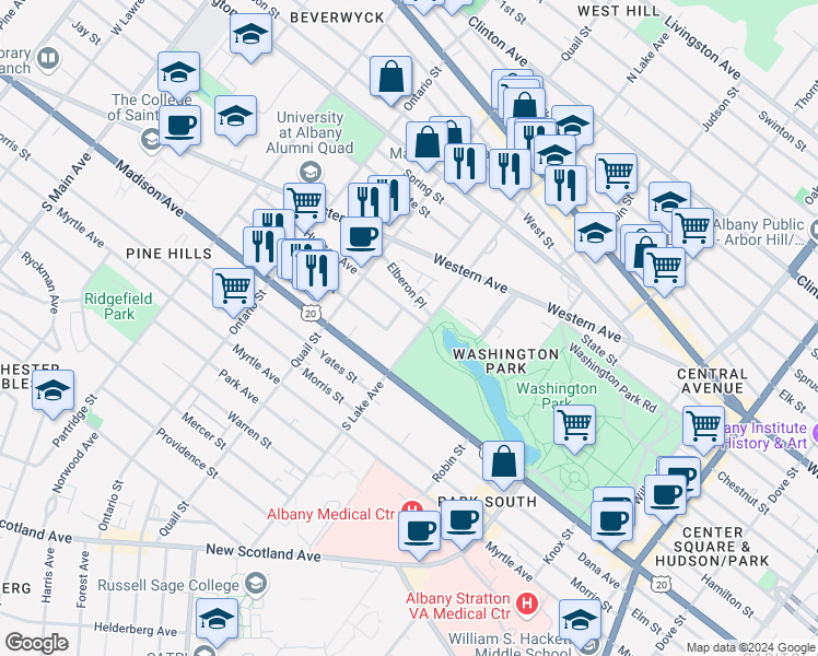 map of restaurants, bars, coffee shops, grocery stores, and more near 3 Elberon Place in Albany