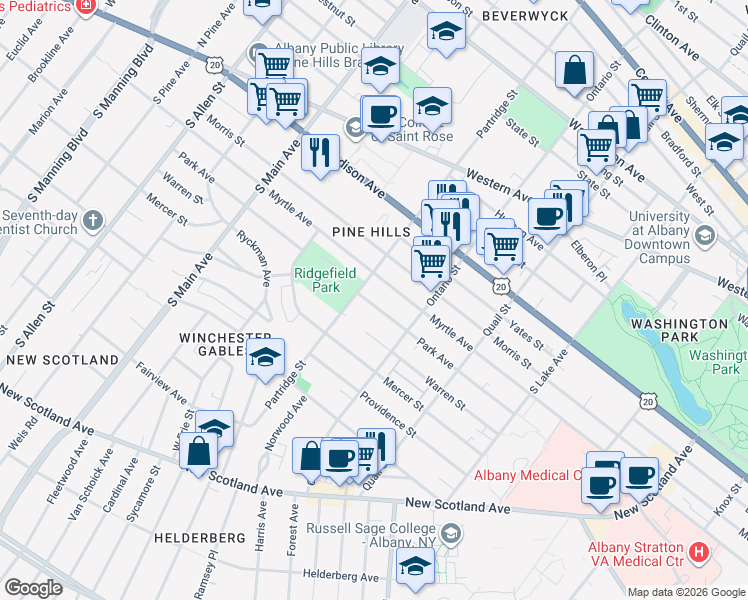 map of restaurants, bars, coffee shops, grocery stores, and more near 712 Myrtle Avenue in Albany