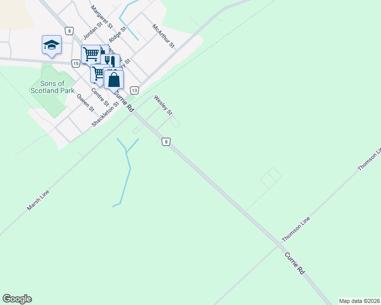 map of restaurants, bars, coffee shops, grocery stores, and more near 91 Currie Road in Elgin County