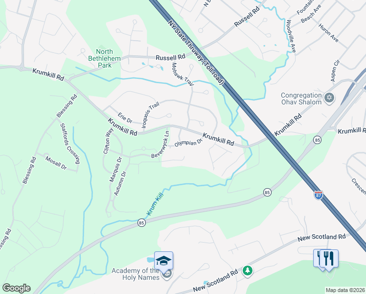 map of restaurants, bars, coffee shops, grocery stores, and more near 28/30 Olympian Drive in Slingerlands