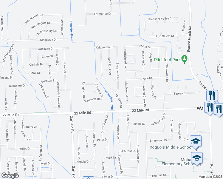 map of restaurants, bars, coffee shops, grocery stores, and more near 49322 Monarch Drive in Macomb