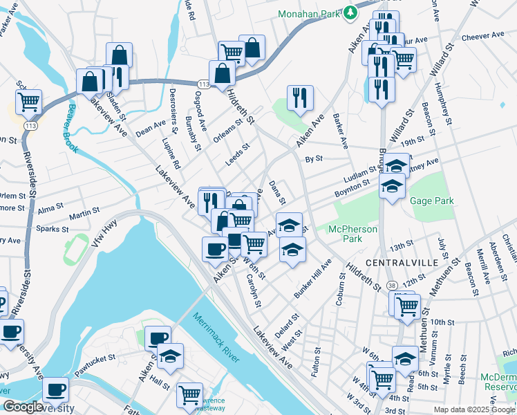map of restaurants, bars, coffee shops, grocery stores, and more near 101 Aiken Avenue in Lowell