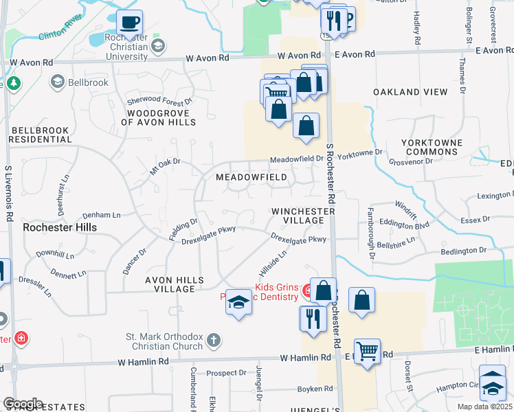 map of restaurants, bars, coffee shops, grocery stores, and more near 220 Hillside Court in Rochester Hills