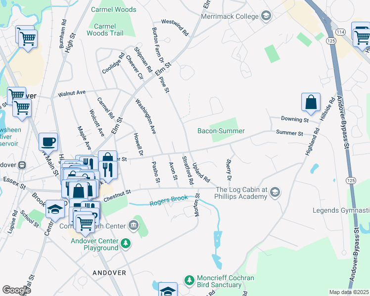 map of restaurants, bars, coffee shops, grocery stores, and more near 108 Pine Street in Andover