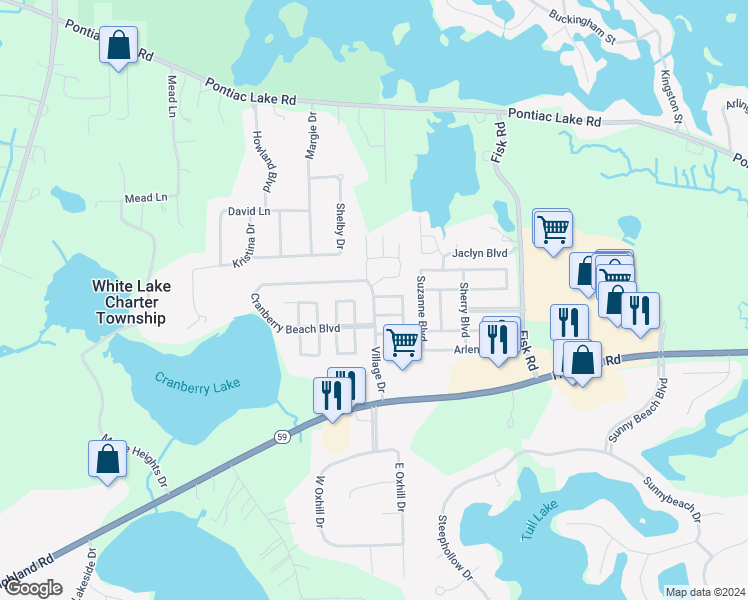 map of restaurants, bars, coffee shops, grocery stores, and more near 970 Village Drive in White Lake charter Township