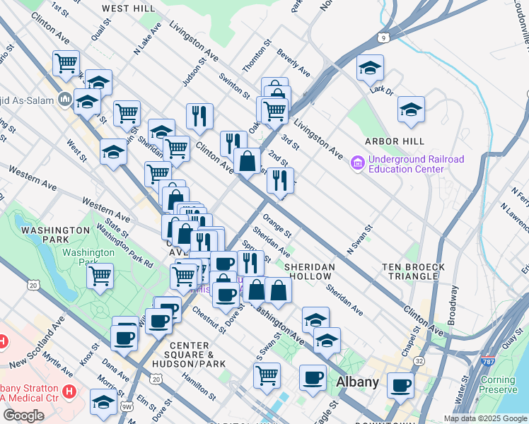 map of restaurants, bars, coffee shops, grocery stores, and more near 303 Orange Street in Albany